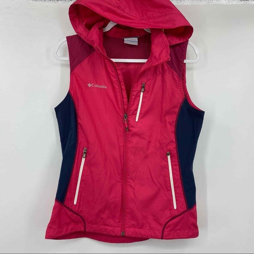 COLUMBIA Omni Shield Vest‎ Pink Blue Lightweight Detachable Hood Large